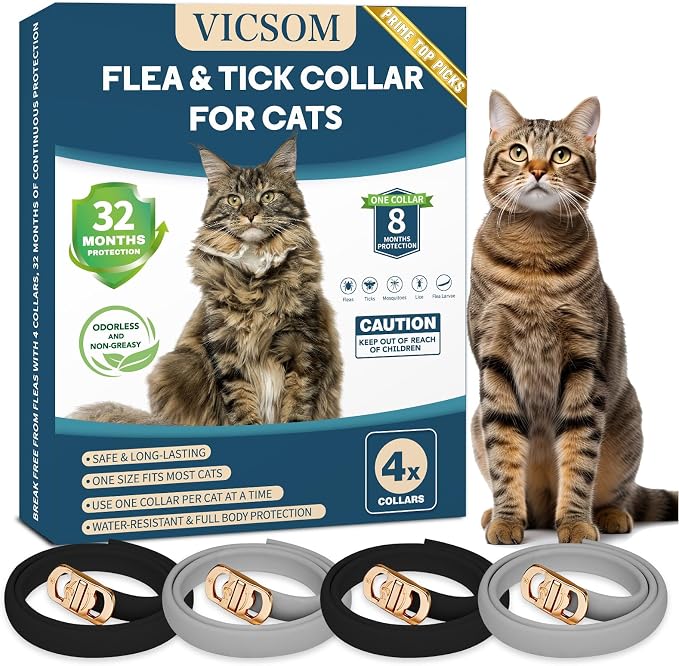 VICSOM 4 Pack Flea and Tick Collar for Cats, 32 Months Treatment Prevention, Waterproof Adjustable Kitten Collar, Black Grey
