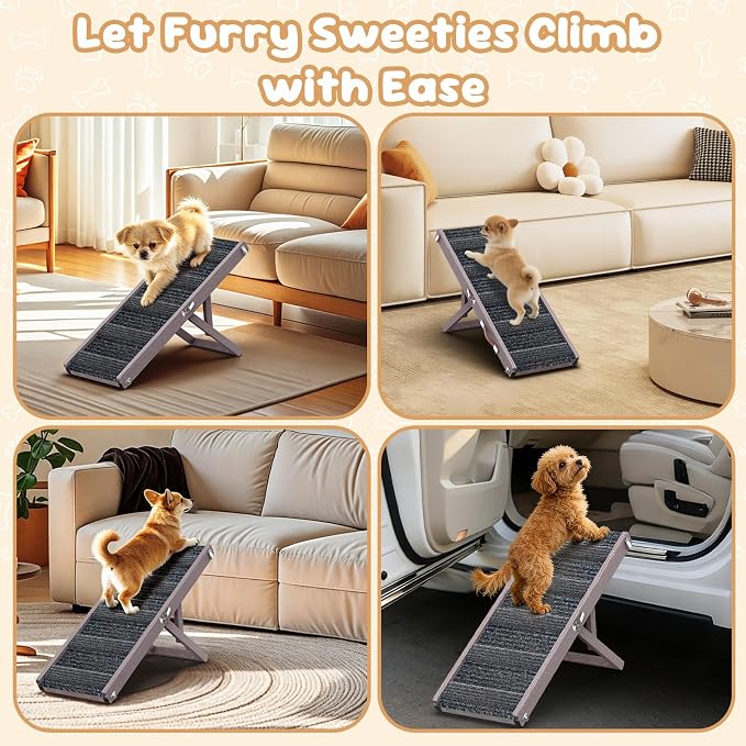 Pawaboo Foldable Dog Ramp, Small Dog Ramp for Couch, 4 Adjustable Height from 13'' to 21", Stable Pet Steps with Non-Slip Pad, Portable Pet Ramps Use for Couch Sofa Stairs, Grey Purple