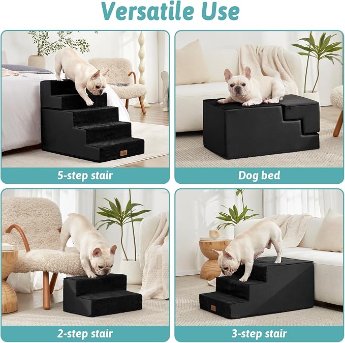 COZY KISS Dog Stairs for Small Dogs, 17.7" Extra Wide Detachable Pet Stairs for Couch and Bed, 23.6" H Non-Slip Dog Steps for Puppies and Old Cats, 17.7x29.5x23.6 inch, Black