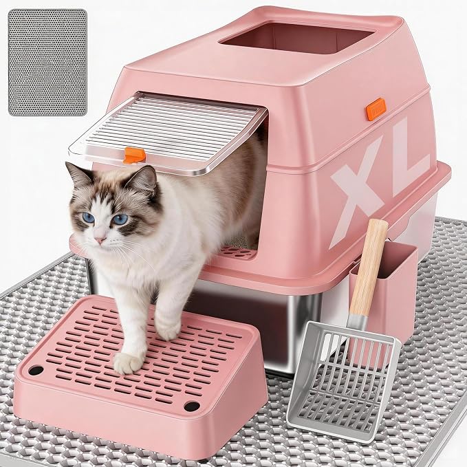 Stainless Steel Litter Box with Lid, Extra Large Enclosed Cat Litter Pan for Big Cats, High Sided Metal Litter Box with Enclosure, Front & Top Entry, Easy Clean, Anti-Leakage, Includes Scoop, Pink