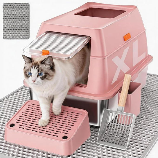Stainless Steel Litter Box with Lid, Extra Large Enclosed Cat Litter Pan for Big Cats, High Sided Metal Litter Box with Enclosure, Front & Top Entry, Easy Clean, Anti-Leakage, Includes Scoop, Pink