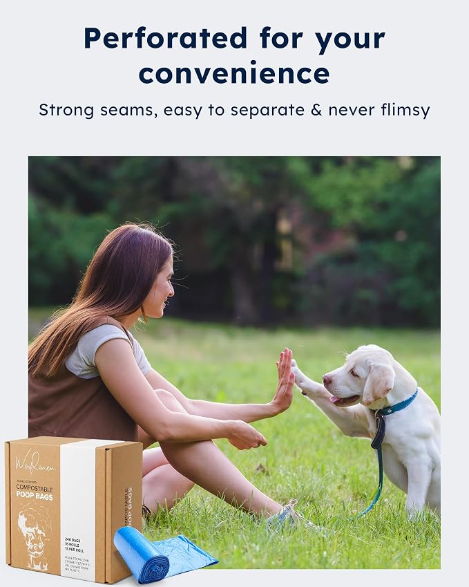 Wooflinen Home Compostable Dog Poop Bags – Leak-Proof Dog Poop Bags Rolls – Large 9x13”, Durable, Easy Tear – Made from Plant & PBAT Materials – For Big & Small Dogs – 240 Bags (16 Rolls)