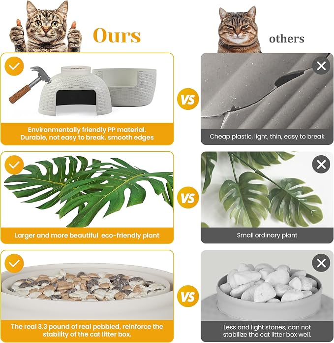 Hidden Plant Litter Box, Large Cat Litter Box Furniture with Odor Control Carbon Filter, Litter Box Enclosure for Home, Faux Plant and Real Stones, Gray