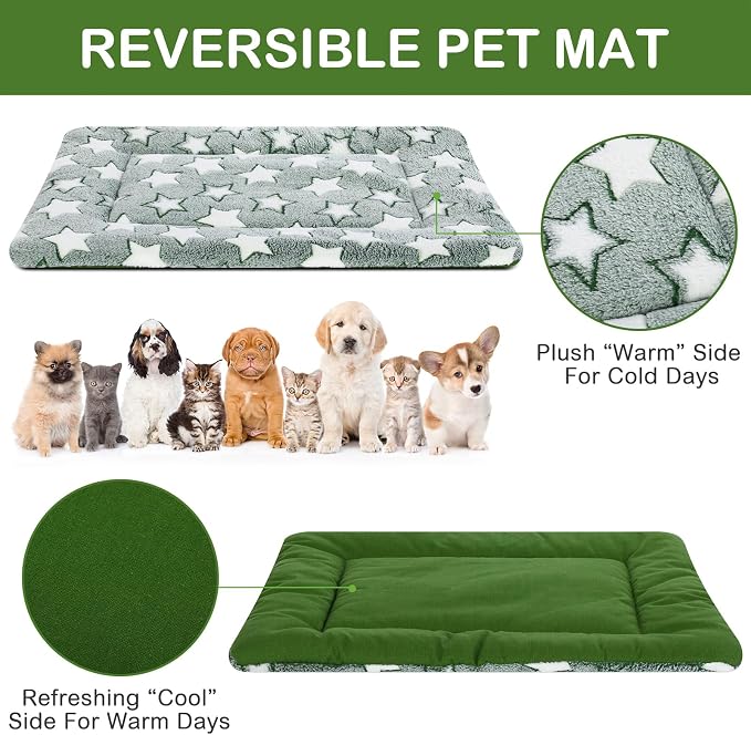 VitalCozy 4 Pcs Dog Crate Pads, Ultra Soft Warm Washable Anti-Slip Kennel Bed Mat for Pets, Reversible, Replaceable, Cage Liner for Small Medium Large Dogs and Cats(18 x 24 x 1.6 Inch,Star,Green)
