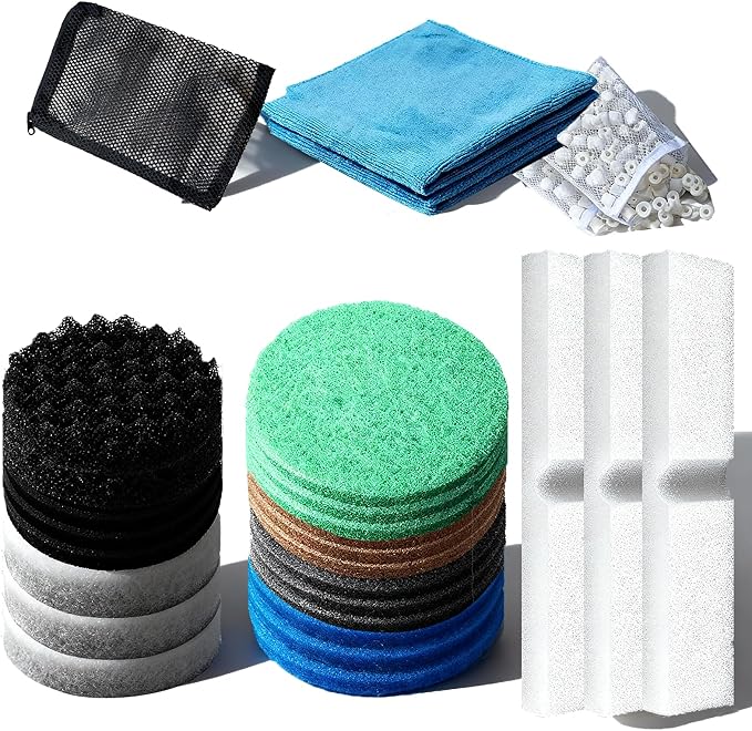 27Pcs Filter Media Replacement Kit, Replacement Filter Media Kit Compatible with Fluval FX2 FX4 FX5 FX6 Filter Media, Aquarium Filter Media Kit, Including Carbon Pad, Foam block, Filtering Medium etc
