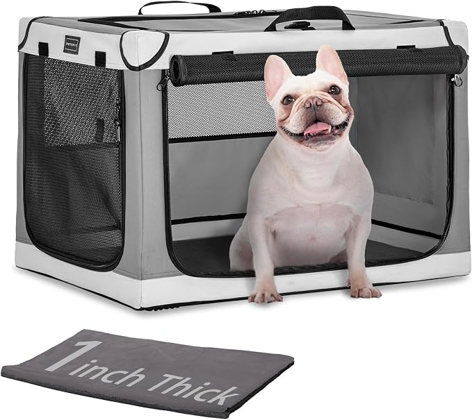 PETSFIT Portable Dog Crate for Small Dogs, – 24" Soft Dog Travel Crates with Lockable Zippers & Thicken Mat, Adjustable Patented Spiral Steel Frame, Collapsible Kennel for Indoor & Outdoor