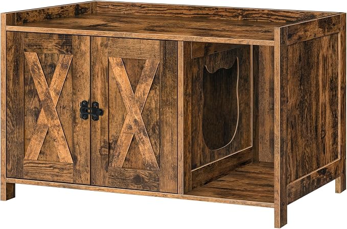 MAHANCRIS Cat Litter Box Enclosure, Hidden Litter Box Furniture with Divider, Indoor Cats House, Wooden Cat Washroom Storage Cabinet Bench, Side End Table Nightstand, Rustic Brown CWHR2501Z