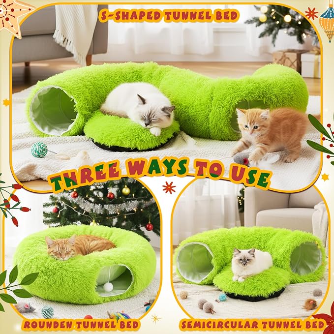 Thyle Christmas Cat Tunnel Bed Under Christmas Tree for Indoor Cats Xmas Pet Donut Tunnel with Cushion Foldable Round Pet Toy for Small Animals Kitten(3ft X 3ft X 9.8in,Green,Plush)
