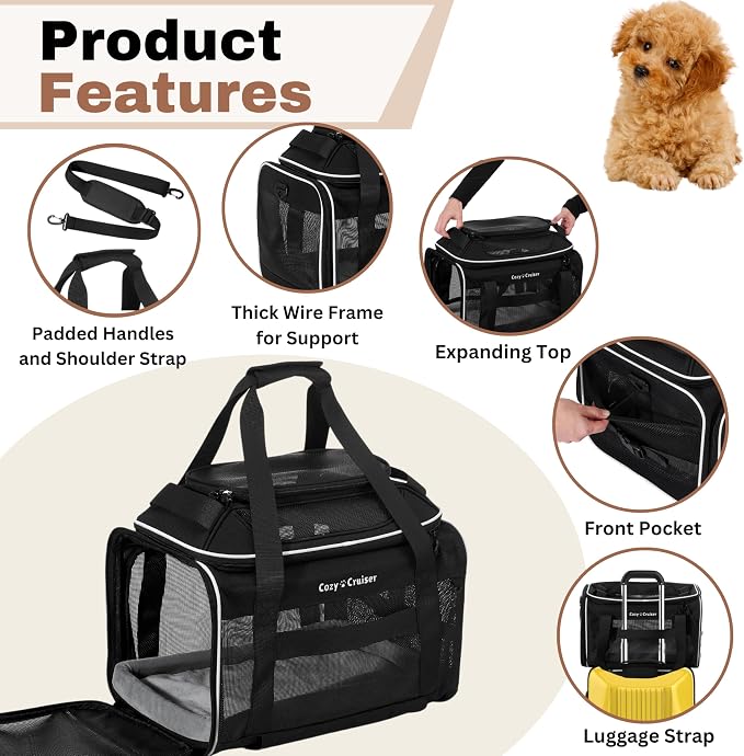 Airline Approved Top-Expanding Pet Carrier on Wheels- Extra Spacious Soft Lined Carrier! 18x11x11 (Mesh Sides)