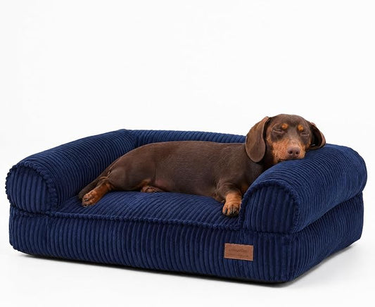 FUKUMARU Dog Couch Bed, Corduroy Cozy Cat Bed for Indoor Cats with Washable Cover, 28in Waterproof Orthopedic Dog Beds Sofa for Small Dogs and Large Cats, Cute Warm Cotton Pet Sofa, Blue
