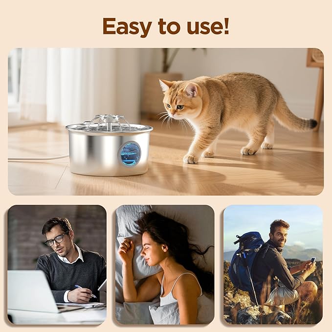 Pet Water Fountain Stainless Steel: Cat Fountain with 8 Filters & 8 Sponges | 88oz/2.6L Automatic Cat Watering Dispenser Bowl with Water Level Window - IHOUONE Quiet Fountains for Cats & Dogs Owners