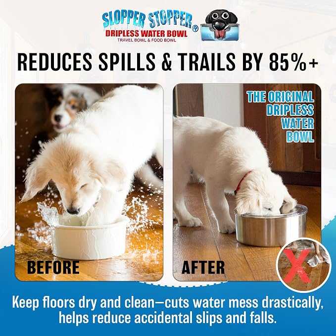 Slopper Stopper Stainless Steel Dripless Water Bowl with Tritan Plastic Lid – Holds 1 Gal, Reduces Spills & Trails Up to 85%+, Water Bowl for Small Breed Dogs (0-20 lbs), The Original Slobber Stopper