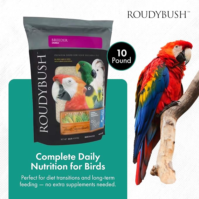 RoudyBush Breeder Food for Breeding & Weaning Birds, Pelleted Diet Made with Corn, Wheat & Soy, Daily Food for Small & Medium Parrots, Crumble Pellet, 10 LB