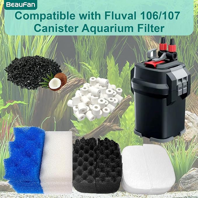 24 Sets Aquarium Replacement Media Maintenance Kit Compatible with Fluval 106 & 107 Canister Filters, Including Bio Sponge Filters, Activated Carbons, Ceramic Rings, Mesh Bags, Filter Pads
