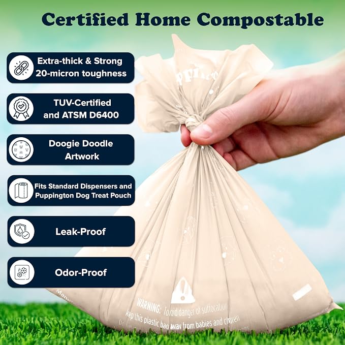 Puppington Certified Home Compostable Poop Bags - ASTM D6400 Compliant - 90 Extra Thick Bags - Plant Based - Pairs with Puppington 3-in-1 Bag & Fits all Standard Poop Bag Dispensers (Vanilla Cream)