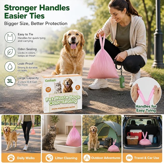 Odor Sealing Dog Poop Bags with Handles – 200 Count – Large Capacity | Heavy Duty Thick Pet Waste Bags - Leak Proof, Odor - Blocking (Pink)