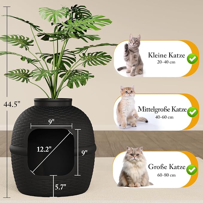 Wisteria Lane Cat Litter Box, Hidden Enclosure with Faux Plant & Rattan Pattern, Cat Bed & Litter Box 2-in-1, Heavy Duty PP Litter Box Enclosure for Living Room, Bedroom, Corner, Laundry Room, Black