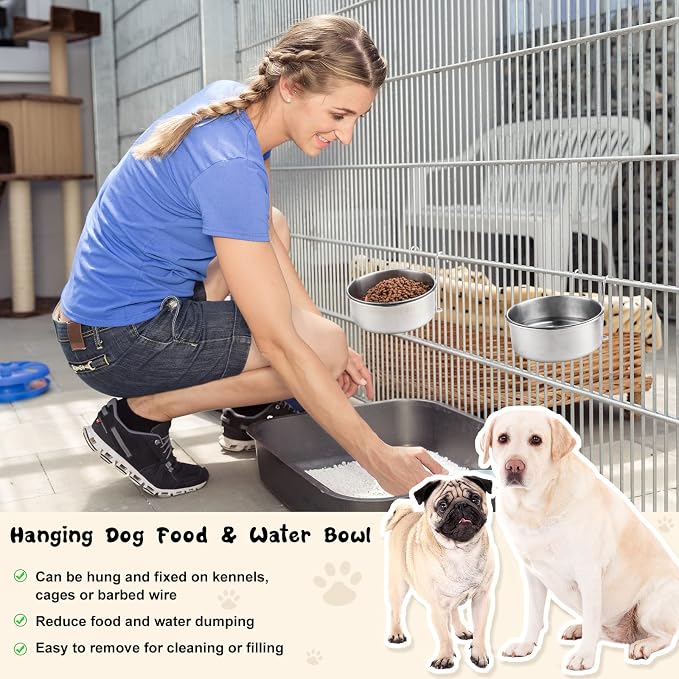 mumufy 6 Pieces Stainless Steel Hanging Water Bowls with Holder Detached Anti Spill Pet Metal Bowl Cage Kennel Crate Food Bowl(16 x 6 cm)
