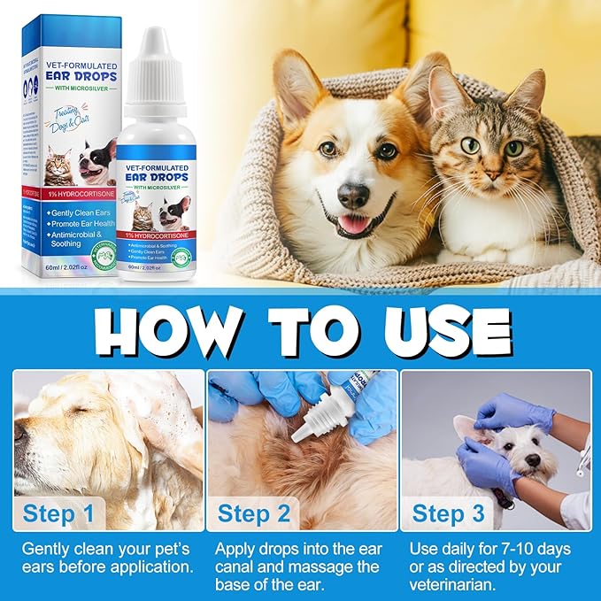 2Pcs Ear Drops for Dogs&Cats, Dog Ear Infection Treatment Drops with 1% Hydrocortisone for Dog Yeast Ear Infections, Soothes Itchy Ears, Prevents Infections, Safe for Puppies, Adult Dogs & Cats 2.02fl