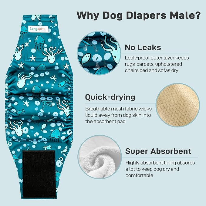 Langsprit Small Male Dog Diapers for Doggie Puppy,Reusable Belly Bands for Male Dogs Wraps,Washable Doggy Dog Diapers Medium Large in Incontinence 5 Pack (Brown, Green, Grey, Medium)