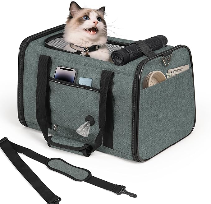 YUDODO 25lbs Cat Carrier Lightproof Soft Sided Pet Carrier for Large Cat & Small Dog Airline Approved Travel Puppy Carriers with Side Pockets & Reflective Mesh Foldable Portable for Outdoor Grey Green