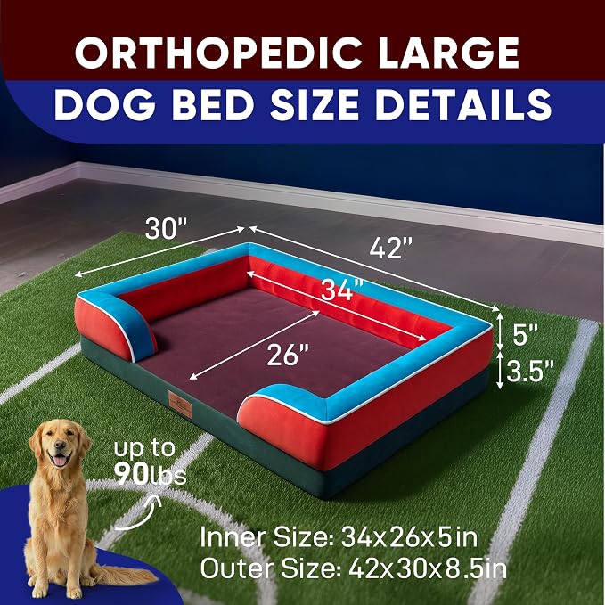 Comfort Expression Orthopedic Dog Bed for Extra Large Dogs 42x30 Inch, Waterproof Egg Crate Foam XL Pet Bed with Bolsters, Dog Couch with Washable Cover & Non-Slip Bottom, San Francisco