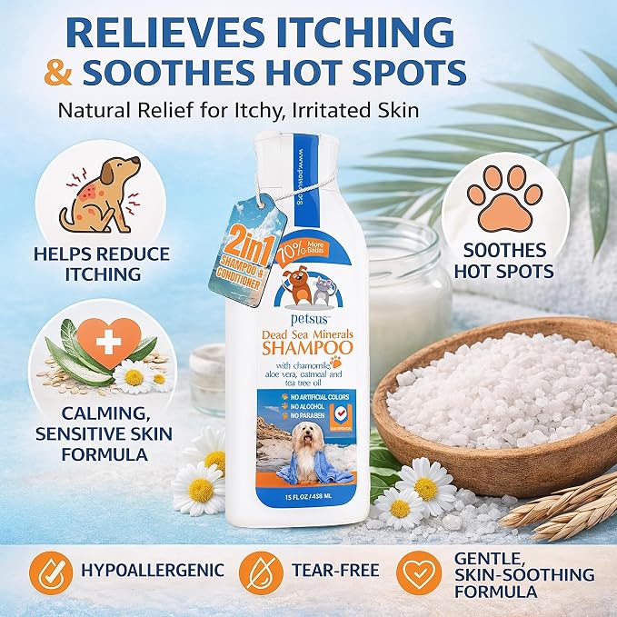 Anti-Itch Relief Dog & Cat Shampoo + Conditioner with Dead Sea Minerals, Hypoallergenic for Sensitive & Allergic Skin, Natural Deodorizing Coat Wash, 15 fl oz