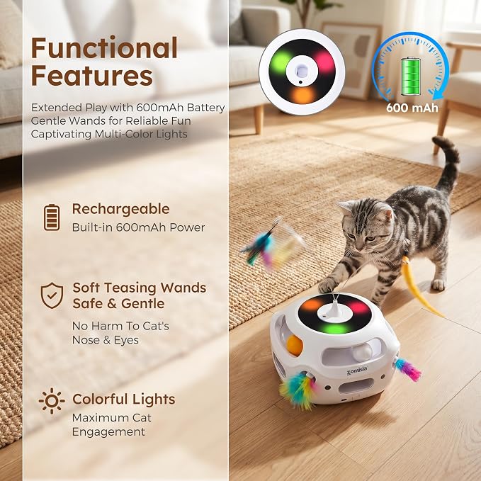 ZOMISIA 4 in 1 Automatic Interactive Cat Toy, Rechargeable Cat Toys for Indoor Cats with Fluttering Teasing Sticks, Trackballs, Shooting Feathers and Bird Chirping for Bored Indoor Adult Cats