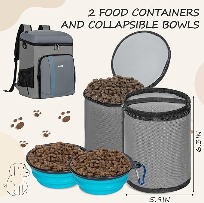 ANILD Dog Travel Bag Backpack, Flight-Ready TSA-Approved Dog Travel Bag with 2 Leak-Proof Food Canisters, 2 Foldable Silicone Bowls, Multi-Compartment Organizer for Hiking, Camping, Dog Mom Essentials