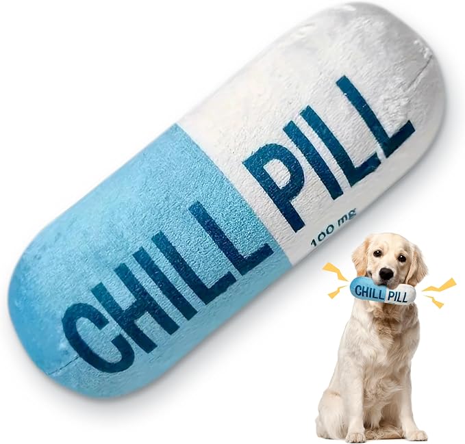 CUweipeng Squeaky Dog Chew Toy - Blue Chill Pill Capsule Teething Funny Small Dog Squeaky Soft Plush Pet Toy Bite Kick Indoor Interactive Training Play Present Pet Lover Gift Photo Prop Keep Them Busy