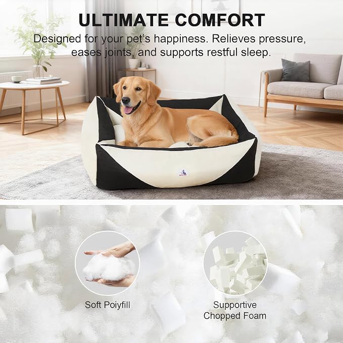 Cotton Canvas Dog Bed, Dog Beds Large Sized Dog, Orthopedic Bed with Washable Removable Cover, Durable 290 GSM Cotton Anti-Chewing Pet Bed with Anti-Slip Bottom (38"x30"x12", Black&White)