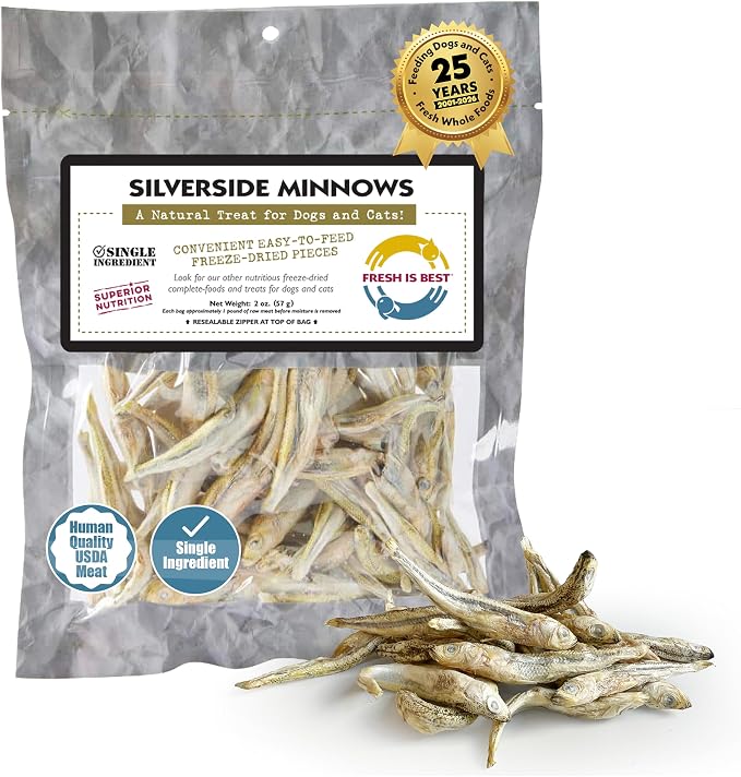 Fresh Is Best Silverside Minnows Freeze Dried Dog Treats – Raw Freeze Dried Cat Treats in Resealable Zipper Bag – High-Protein Minnows for Cats and Dogs – Made in the USA