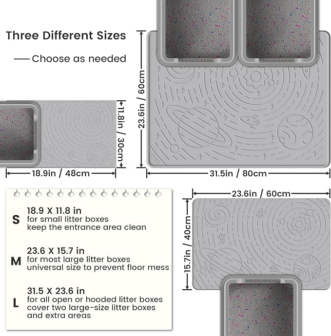 OHMO Cat Litter Mat Medium 23.6x15.7in, Light Grey Silicone Rubber Scatter Control Kitty Litter Box Trapping Mat, Waterproof Easy to Clean, Odorless Pet Supplies, Indoor Cat Essentials