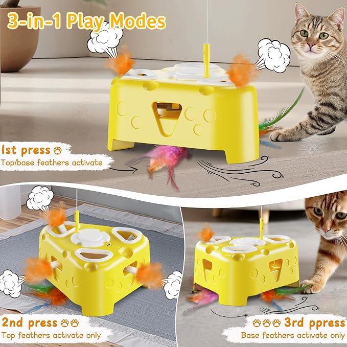 Automatic Cheese-Shaped Interactive Cat Toy – Flying Bird, 6-Hole Mole & Rotating Feather | USB Rechargeable Electronic Feather Toy for Indoor Adult Cats & Kittens, Relieves Boredom
