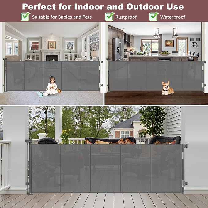Reinforced 41" Extra Tall Pet Gate 100" Extra Wide Retractable Baby Gate with Support Rods, Indoor Retractable Gate Mesh Dog Gates for The House Outdoor Wide Baby Gates for Large Openings, Gray