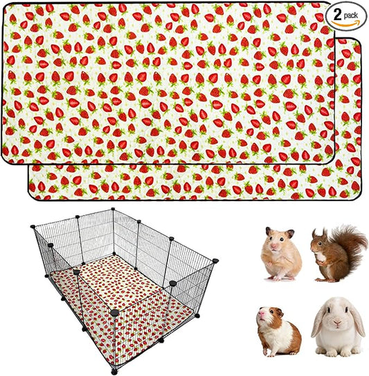 2 Pack Guinea Pig Cage Liners, 28"x 42" Washable Waterproof Bedding for Rabbit, Bunny, Hamster & Small Animals, Reusable Super Absorbent Pee Pads for C&C Cage, Strawberry Print