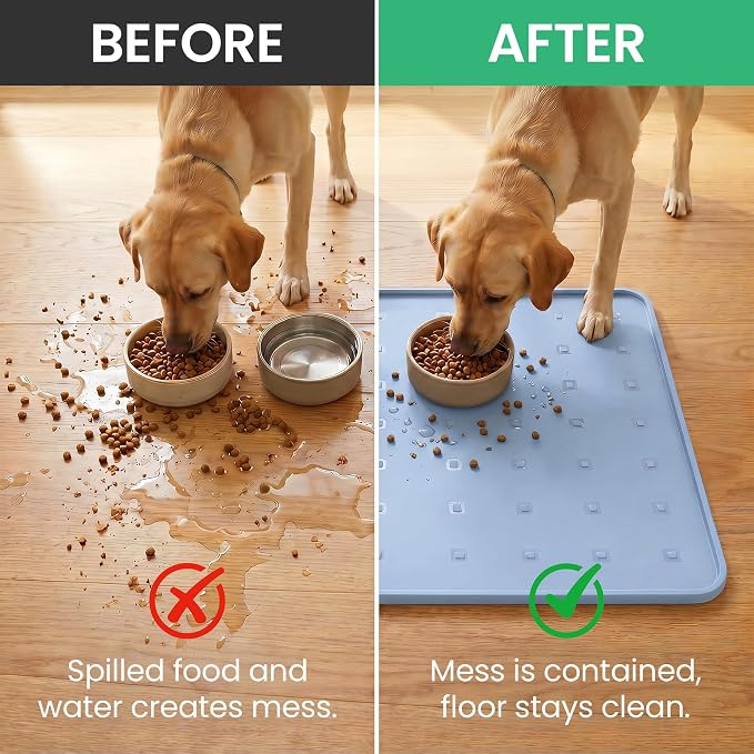 Silicone Pet Feeding Mat, 26x18 Inch Waterproof Dog Bowl Mat – Non-Slip, Machine Washable, Thin 0.28 Inch Edge for Messy Eaters, Protects Hardwood & Tile Floors, Blue