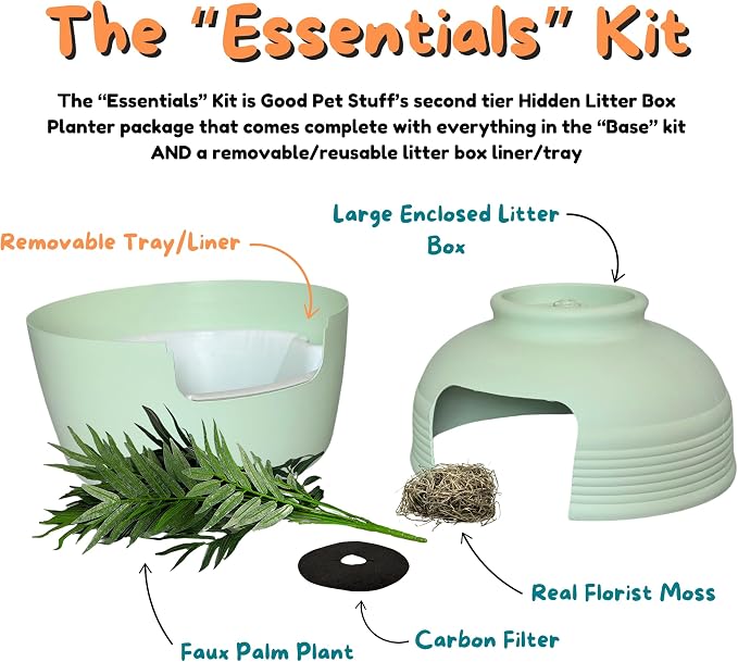 Good Pet Stuff Original Hidden Litter Box Planter, Decorative Cat Litter Enclosure, Carbon Filter, Faux Plant, Easy to Clean, Round Design, Removable Tray, Essentials Kit, Palm Plant, Mint Green