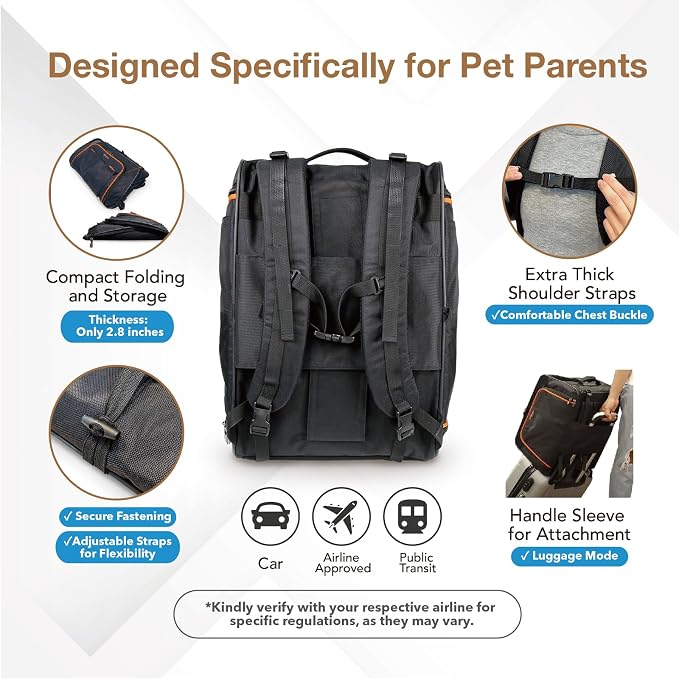 ibiyaya - Expandable Pet Carrier for Dogs and Cats - JetPaw Expandable Pet Carrier for Cats, Dogs, and Rabbits - Airline Approved and Travel Friendly 5 in 1 Dog Carrier - Black and Orange