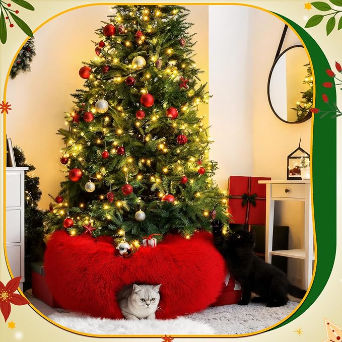 Thyle Christmas Cat Tunnel Bed Under Christmas Tree for Indoor Cats Xmas Pet Donut Tunnel with Cushion Foldable Round Pet Toy for Small Animals Kitten(3ft X 3ft X 9.8in,Red,Plush)