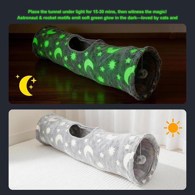 PAWISE Cat Tunnel for Indoor Cats, Glow in Dark Cat Tunnels with Pop-Up, 3-Way Collapsible Cat Play Tunnel Toy for Cats Kittens Rabbits, with Hanging Ball & Bell
