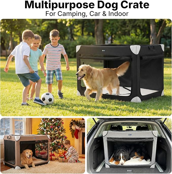 Veehoo Large Dog Crate for Indoor Outdoor, Portable Collapsible Travel Dogs Crate, 42 Inch Soft Foldable Pet Kennel with 4-Door Mesh Windows