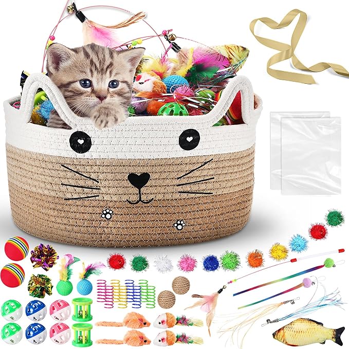 Zopeal 76 Pcs Graduation Cat Storage Basket Gift Toys Set Interactive Cat Toys Kitten Wand Colorful Flashing Balls Pet Crinkle Balls Attract Kitten to Swat, Hunt for Pet Indoor(Khaki)
