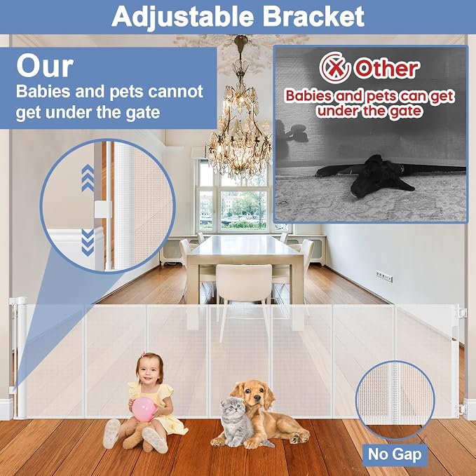 Reinforced 200 Inch Extra Long Dog Gate Indoor 37” Tall Outdoor Retractable Baby Gates for Doorways Extra Wide 16ft Bottom Anti-Crawl Indoor Extra Long Baby Gate Retractable Dog Fence/Barrier, White