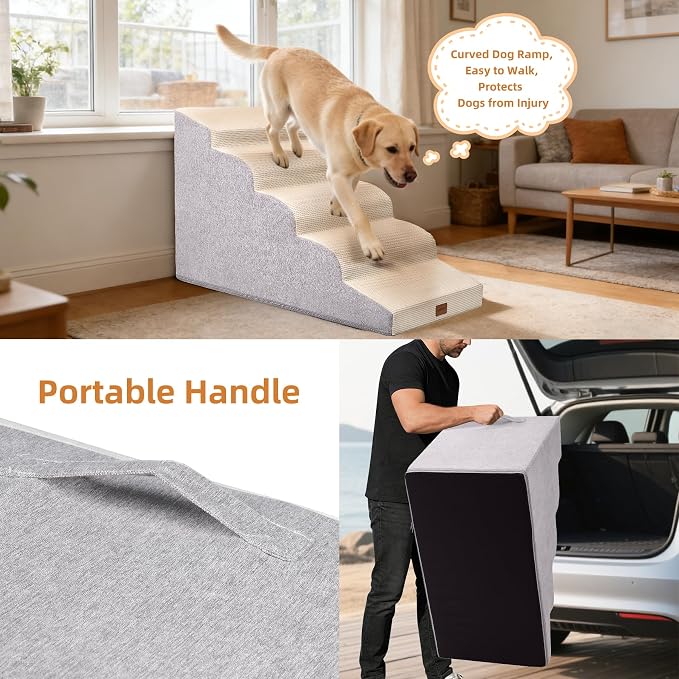 Dog Stairs for Large Dog, 22.6" H, 5-Step Pet Steps for High Bed Couch Sofa and Chair, Non-Slip Pet Ramp for Injured & Senior Pets with Washable Cover and Durable High Density Foam,Beige