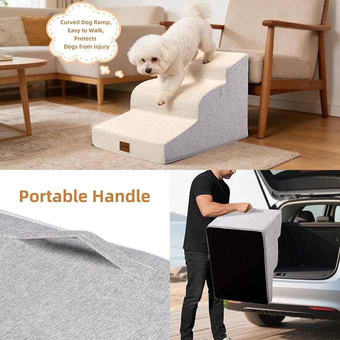 Dog Stairs for Small Dogs,15.7" H,3-Step Curved Pet Ramp for Bed Couch Sofa and Chair,Non-Slip Pet Steps for Injured & Senior Pets with Washable Cover and Durable High Density Foam,Beige