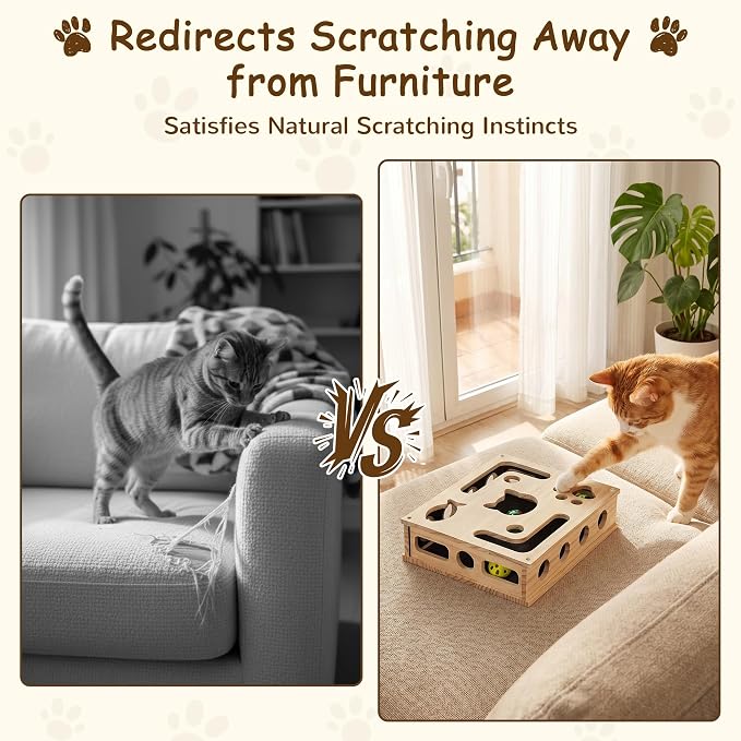 Cat Nail File Box, Interactive Wooden Cat Scratch Puzzle Toy with Sandpaper, Includes 3 Bell Balls & 3 Replacement Pads for Indoor Cats, Stress-Free Enrichment Claw Care (Regular)