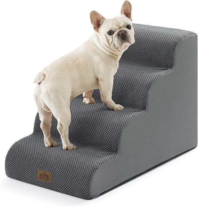 COZY KISS Wide Dog Stairs for Small Dog 19.7" H, Pet Step for Puppy, Older Cat, Curved Ramp for Bed, Durable Anti-Slip Ladder with High Density Foam, 4 Step, 17.7x28x19.7 inch, Dark Grey