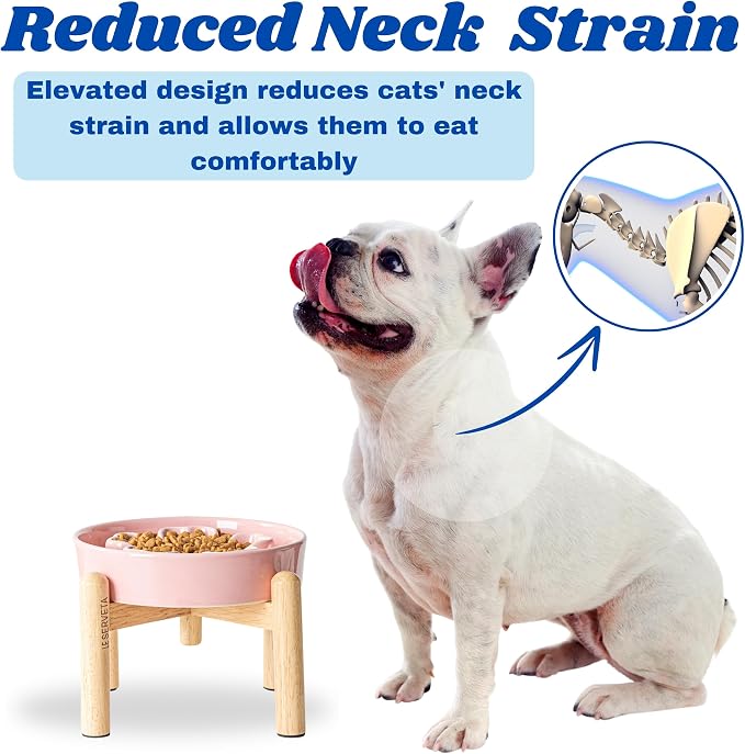 Ceramic Slow Feeder Dog Bowls, Raised, 3 Cups Elevated Slow Feeder with Wooden Stand for Medium Large Breed, Puzzle Dog Food Bowl, Flower (Pink)