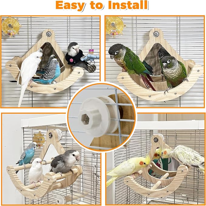 Bird Perch Toy with Mirror for Cage, Wooden Interactive Rocking Exercise Wheel, Spinner Rattle Chewing Enrichment Toy, Cage Accessories for Parakeet Cockatiel Conure (1pc, Random Color)